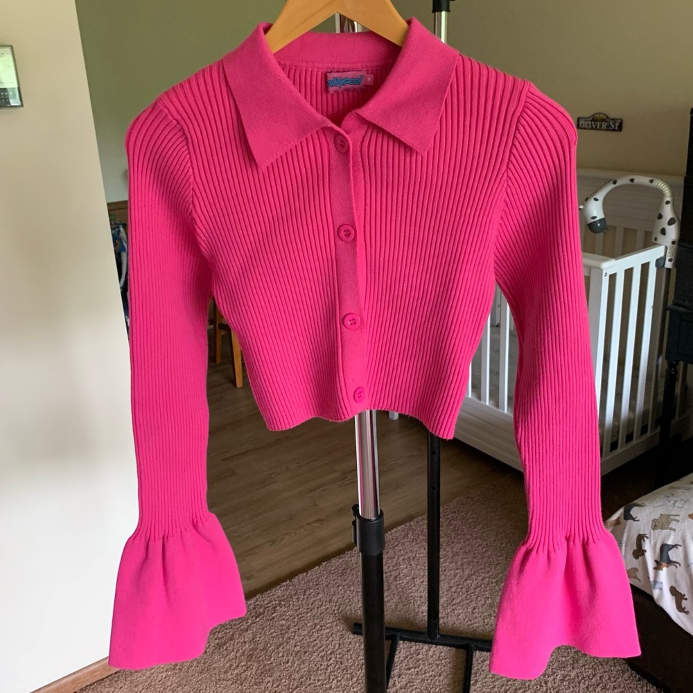 Edikted Cropped Ribbed Pink Cardigan Sweater Medium